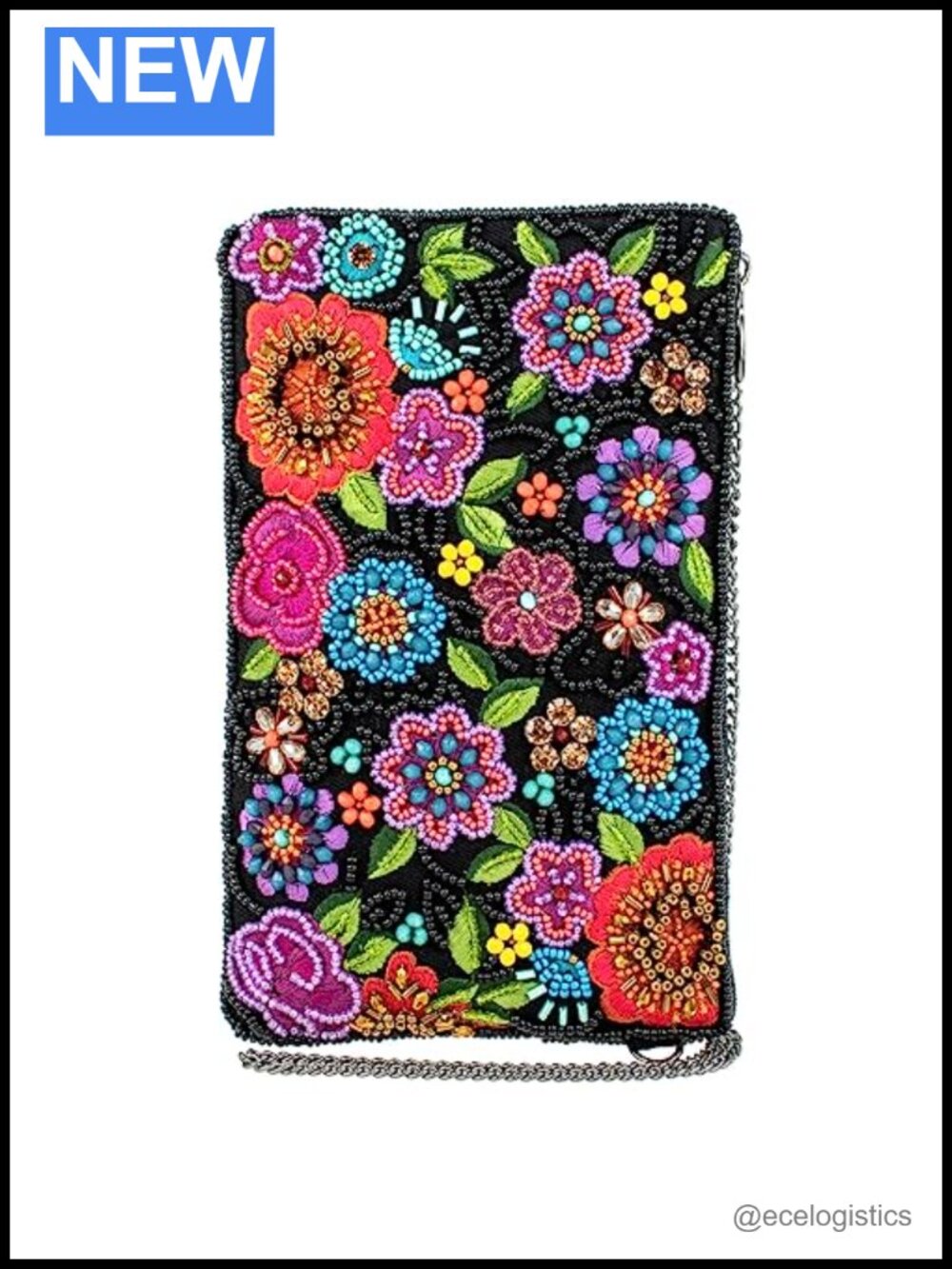Handmade Beaded Floral Crossbody Bag with Rhinestone Accents, Adjustable Strap,